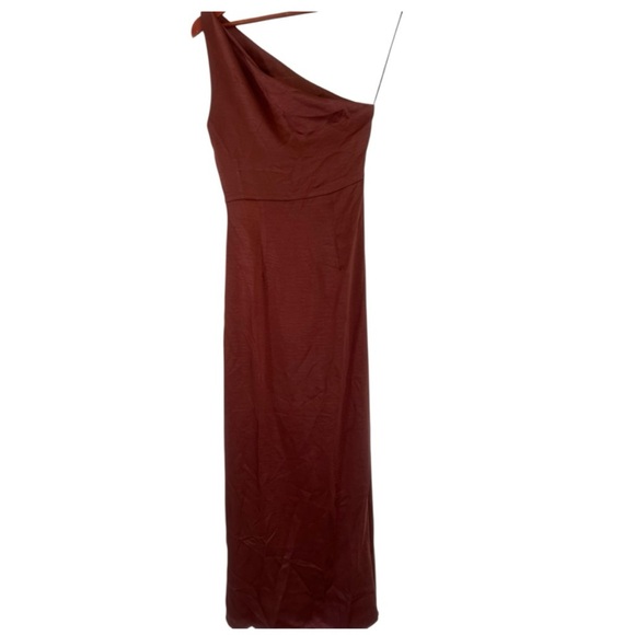 Brown One Shoulder Ruched Gown with Slit - Picture 4 of 9